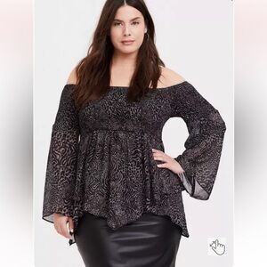 Torrid Babydoll Chiffon Smocked Off Shoulder Top Black 4X